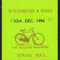 Cinderella - Great Britain 1994 Colchester & Essex £1 imperf gummed label (gold on green) showing Raleigh Roadster dated 12th Dec 1994