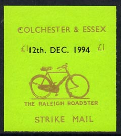 Cinderella - Great Britain 1994 Colchester & Essex £1 imperf gummed label (gold on green) showing Raleigh Roadster dated 12th Dec 1994