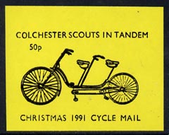 Cinderella - Great Britain 1991 Colchester Scouts in Tandem 50p imperf gummed label (black on yellow) showing Tandem Bicycle inscribed 'Christmas 1991 Cycle Mail' (tete-beche pairs price x 2)