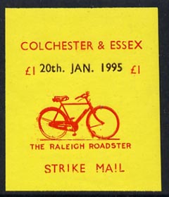 Cinderella - Great Britain 1995 Colchester & Essex £1 imperf gummed label (red on yellow) showing Raleigh Roadster dated 20th Jan 1995 (tete-beche pairs price x 2)