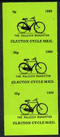 Cinderella - Great Britain 1989 Clacton Cycle Mail 50p imperf gummed label (black on green) showing Raleigh Roadster vert strip of 3, upper label with 5 omitted (0p)