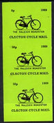 Cinderella - Great Britain 1989 Clacton Cycle Mail 50p imperf gummed label (black on green) showing Raleigh Roadster vert strip of 3, upper label with 5 omitted (0p)