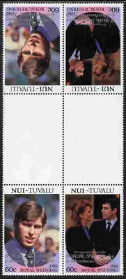 Tuvalu - Nui 1986 Royal Wedding (Andrew & Fergie) 60c with 'Congratulations' opt in silver in unissued perf tete-beche inter-paneau block of 4 (2 se-tenant pairs) unmounted mint from Printer's uncut proof sheet
