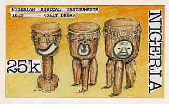 Nigeria 1989 Musical Instruments - original hand-painted artwork for 25k value (Ibid slit drum) by Francis Nwaije Isibor on card 8.5