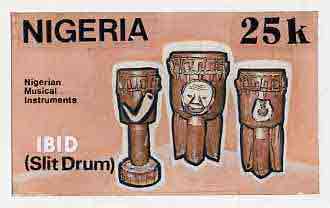 Nigeria 1989 Musical Instruments - original hand-painted artwork for 25k value (Ibid slit drum) by Godrick N Osuji on card 8.5" x 5" endorsed C1
