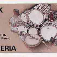 Nigeria 1989 Musical Instruments - original hand-painted artwork for 30k value (Dundun Talking drum) by NSP&MCo Staff Artist Samuel A M Eluare as issued stamp except inscription changed, on card 8.5" x 5" endorsed D6