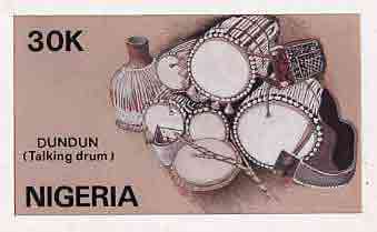 Nigeria 1989 Musical Instruments - original hand-painted artwork for 30k value (Dundun Talking drum) by NSP&MCo Staff Artist Samuel A M Eluare as issued stamp except inscription changed, on card 8.5