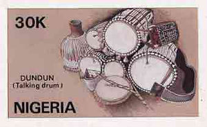 Nigeria 1989 Musical Instruments - original hand-painted artwork for 30k value (Dundun Talking drum) by NSP&MCo Staff Artist Samuel A M Eluare as issued stamp except inscription changed, on card 8.5" x 5" endorsed D6