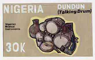 Nigeria 1989 Musical Instruments - original hand-painted artwork for 30k value (Dundun Talking drum) by Godrick N Osuji on card 8.5" x 5" endorsed D1