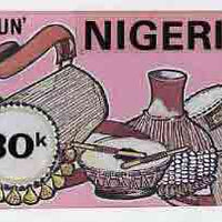 Nigeria 1989 Musical Instruments - original hand-painted artwork for 30k value (Dundun Talking drum) by unknown artist on board 8.5" x 5" endorsed D2