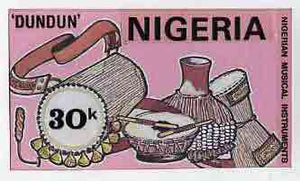 Nigeria 1989 Musical Instruments - original hand-painted artwork for 30k value (Dundun Talking drum) by unknown artist on board 8.5" x 5" endorsed D2