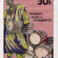 Nigeria 1989 Musical Instruments - original hand-painted artwork for 30k value (Dundun Talking drum) by NSP&MCo Staff Artist Clement O Ogbebor on card 5" x 8.5" endorsed D4