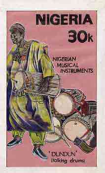 Nigeria 1989 Musical Instruments - original hand-painted artwork for 30k value (Dundun Talking drum) by NSP&MCo Staff Artist Clement O Ogbebor on card 5