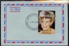 Somaliland 2000 Airmail env bearing Princess Diana stamp opt'd Govt Official and surcharged 5000sh with surch inverted, cancelled Hargeisa cds,(rare)