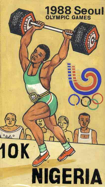 Nigeria 1988 Seoul Olympic Games - original hand-painted artwork for 10k value (Weightlifting) by Godrick N Osuji on card 5" x 9" endorsed A1
