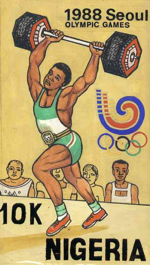 Nigeria 1988 Seoul Olympic Games - original hand-painted artwork for 10k value (Weightlifting) by Godrick N Osuji on card 5" x 9" endorsed A1