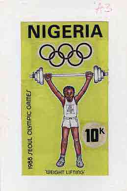 Nigeria 1988 Seoul Olympic Games - original hand-painted artwork for 10k value (Weightlifting) by unknown artist on board 5" x 9" endorsed A3
