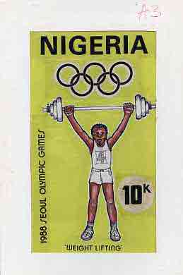 Nigeria 1988 Seoul Olympic Games - original hand-painted artwork for 10k value (Weightlifting) by unknown artist on board 5