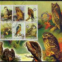 Benin 2002 Birds of Prey #1 perf m/sheet containing 6 values. each with Rotary Logo cto used