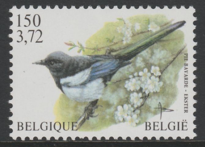 Belgium 2000-01 Birds #4 Magpie 150f/3.72 Euro dual currency unmounted mint, SG 3548