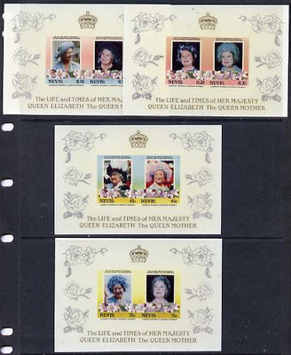 Nevis 1985 Life & Times of HM Queen Mother the set of 8 (4 se-tenant pairs) each pair in Cromalin (plastic coated proof) deluxe sheet format with silver & gold surround from the Printer's archives (4 Cromalins)