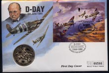 Guernsey 1994 50th Anniversary of D-Day perf m/sheet on illustrated first day cover with special D-Day cancel with commemorative £2 coin