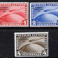 Germany 1933 Zeppelin Chicago Flight set of 3,reprints stamped 'Privater Nachdruck' on reverse, unmounted mint as SG 510-11 originals cat £3,750