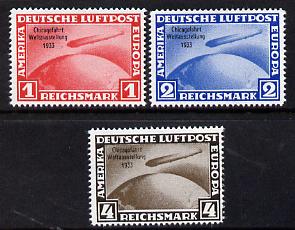 Germany 1933 Zeppelin Chicago Flight set of 3,reprints stamped 'Privater Nachdruck' on reverse, unmounted mint as SG 510-11 originals cat £3,750
