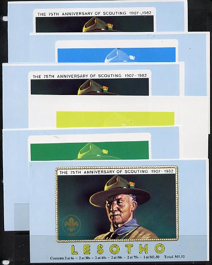 Lesotho 1982 Baden Powell Scout Anniversary booklet x 6 progressive proofs of front cover comprising various individual or combination composites incl completed design (both sides), very scarce