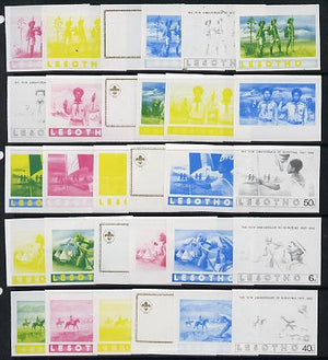 Lesotho 1982 75th Anniversary of Scouting set of 5 each x 6 imperf progressive proofs comprising the 5 individual,colours plus yellow & blue composites, extremely rare (30 proofs)