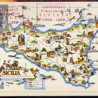 Italy 1959 Sicilian Stamp Centenary label on postcard map with special cachet