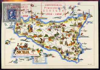 Italy 1959 Sicilian Stamp Centenary label on postcard map with special cachet