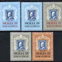 Cinderella - Italy 1959 Sicilia '59 Stamp Centenary Exhibition set of 5 rouletted labels,(Stamp on Stamp) unmounted mint*