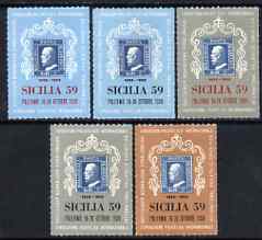 Cinderella - Italy 1959 Sicilia '59 Stamp Centenary Exhibition set of 5 rouletted labels,(Stamp on Stamp) unmounted mint*