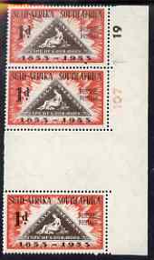 South Africa 1953 Stamp Centenary 1d gutter strip of 3, one stamp with 'dot between 5 and 3' and one with 'flaw on 5' unmounted mint, SG 144var
