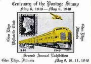 United States 1940 Centenary Stamp Exhibition imperf souvenir sheet produced by Glen Ellyn Philatelic Club, Illinois, showing 1d black & Loco, unmounted mint