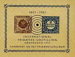 Denmark 1951 Centenary Stamp Exhibition imperf souvenir sheet showing 2 RBS & 4 RBS stamps of 1851, unmounted mint