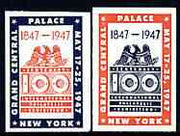 United States 1947 Centenary Stamp Exhibition (Grand Central Palace, NY) set of 2 imperf labels (Blue & red and red & blue) mint with minor wrinkles