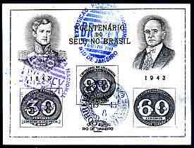 Brazil 1943 Stamp Centenary imperf m/sheet (Bull's Eye) fine used with Brapex Exhibition cancel, SG MS 682a, Mi BL 6/1