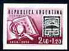 Argentine Republic 1958 Centenary of Argentine Confederation Stamps & Exhibition 2p40+1p20 imperf colour trial in maroon & black on ungummed proof paper