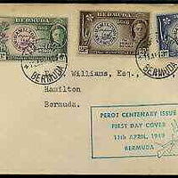 Bermuda 1949 Centenary of Postmaster Perot's Stamp set of 3 on cover with first day cancel and special cachet in green