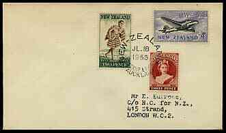 New Zealand 1955 Stamp Centenary perf set of 3 on plain cover with first day cancel