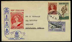 New Zealand 1955 Stamp Centenary perf set of 3 on illustrated cover with first day cancel