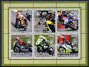Ivory Coast 2002 Racing Motorcycles #1 perf sheetlet containing set of 6 values (top middle No. 202) each with Rotary logo, unmounted mint