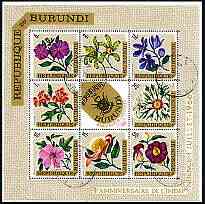 Burundi 1967 Fourth Anniversary of Independence (Flowers) perf sheetlet containing 8 diamond shaped values plus label cto used SG MS 220