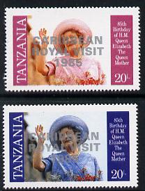 Tanzania 1985 Life & Times of HM Queen Mother 20s (as SG 426) perf proof with 'Caribbean Royal Visit 1985' opt in silver with blue omitted (plus unissued normal)