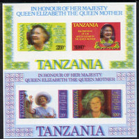 Tanzania 1985 Life & Times of HM Queen Mother the two m/sheets (as SG MS 429) imperf proofs each with all 4 colours misplaced (spectacular blurred effect) unmounted mint