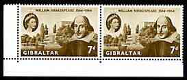Gibraltar 1964 400th Birth Anniversary of Shakespeare 7d horiz pair, one stamp with 'flaw above date' (R10/1) unmounted mint SG 177var