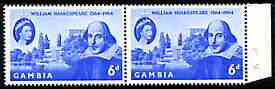 Gambia 1964 400th Birth Anniversary of Shakespeare 6d horiz pair, one stamp with 'scar on nose' (R7/6) unmounted mint SG 210var