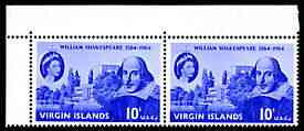 British Virgin Islands 1964 400th Birth Anniversary of Shakespeare 10c horiz pair, one stamp with 'white spot on building' (R1/1) unmounted mint, SG 177var